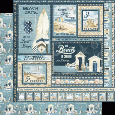 Painel decorativo com temas de praia, prancha de surf, fatos de banho, cabines e carimbos postais em tons de azul e bege