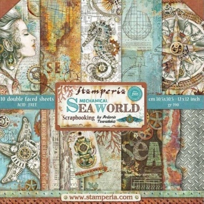Folhas scrapbook Stamperia tema Mechanical Sea World com engrenagens e temas marítimos