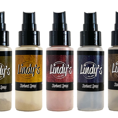 Cinco frascos de spray Lindy's Starburst Sprays de várias cores com tampa preta
