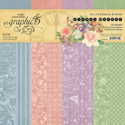 Papel para scrapbooking Graphic 45 Flower Market com padrões florais em várias cores.