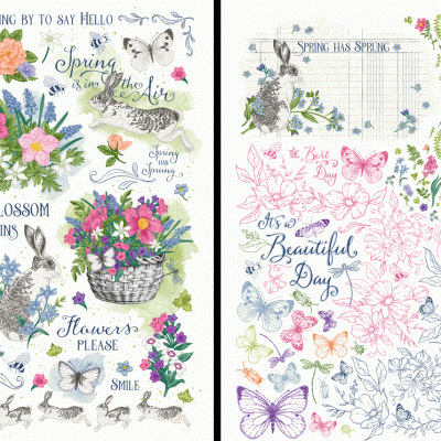 Ilustrações coloridas de flores, borboletas, coelhos e texto decorativo em inglês