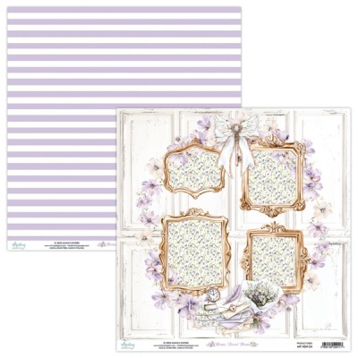 Papel decorativo para scrapbook com riscas roxas e molduras florais douradas