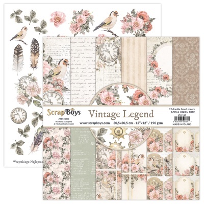 Folhas duplas para scrapbooking Vintage Legend com flores, pássaros e relógios vintage