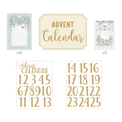 Elementos de um calendário de advento com números dourados e decoração de vegetação em fundo branco