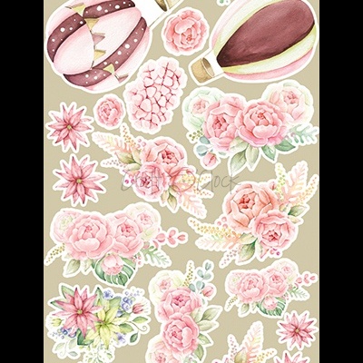 Autocolantes com desenhos de flores e balões de ar quente em tons pastéis sobre fundo bege.