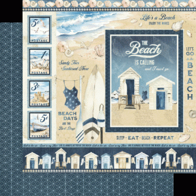 Ilustração de tema praia com selos postais, fatos de banho, pranchas de surf, cabines de praia, conchas e texto sobre a praia.