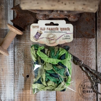 Pacote com cinco fitas verdes Old Fashion Ribbon sobre superfície de madeira com tesoura ao lado