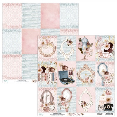 Folha dupla de papel decorativo vintage com flores, espelhos, objetos antigos e padrões em rosa, azul e branco.