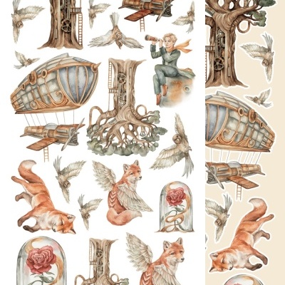 Ilustrações de elementos fantásticos como árvore, dirigível, raposa alada, criança e flores sob vidro.