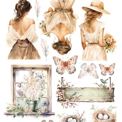 Ilustração de primavera com casas de passarinhos, mulheres, borboletas, ninhos e flores em tons suaves.