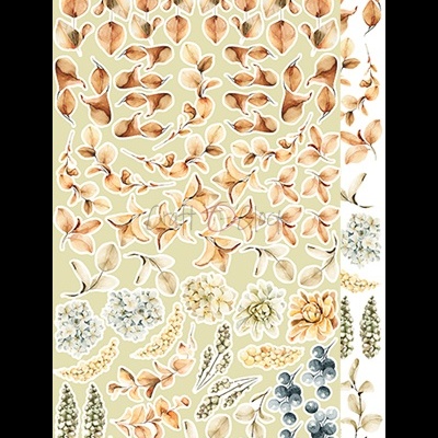 Ilustração de folhas e flores secas em bege, castanho, branco e azul sobre fundo branco e bege