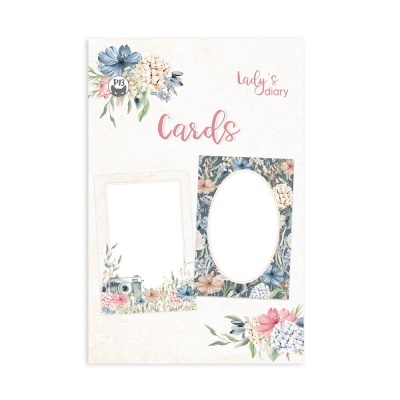 Folha decorativa com molduras para fotografias em desenho floral e texto Lady's diary Cards