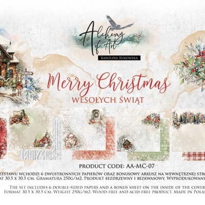 Etiqueta de produto natalícia com casas de madeira, caminhões clássicos vermelhos e texto Merry Christmas