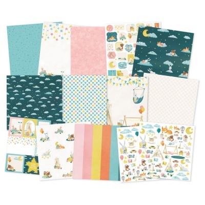 Papéis de scrapbooking coloridos e ilustrados com temas infantis e padrões variados.