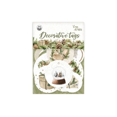 Etiqueta decorativa de Natal com desenhos festivos em verde, branco e castanho