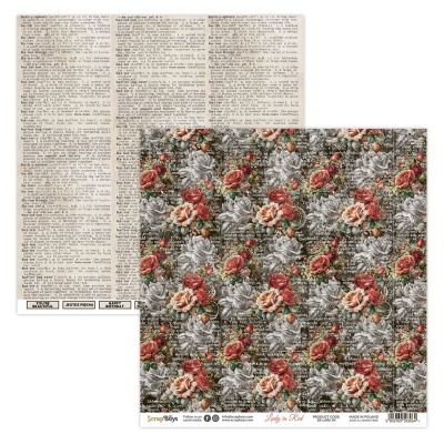 Papel decorativo com flores vermelhas, anjos e texto, verso com texto de dicionário