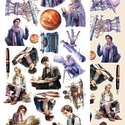 Ilustrações aquareladas de pessoas, telescópios antigos, planeta e máquinas de escrever em várias posições