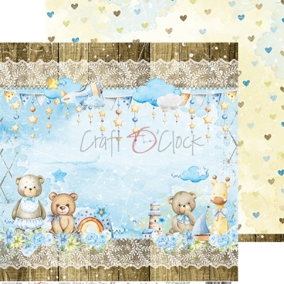 Papel de scrapbooking com ursinhos e temas de céu azul, padrão de corações no verso