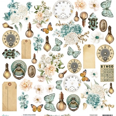 Elementos decorativos vintage com flores, borboletas, relógios, lâmpadas, etiquetas e ferragens