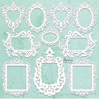 Molduras decorativas brancas em vários formatos sobre fundo azul-esverdeado texturizado