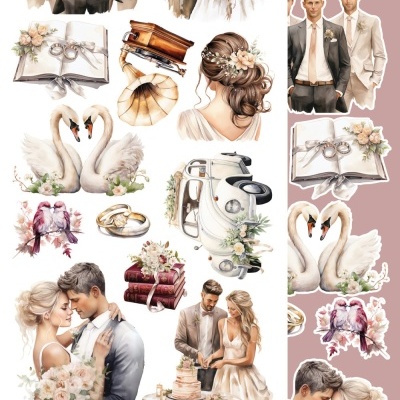 Ilustrações aquareladas de casamento com casais, objetos vintage e animais