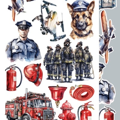 Ilustração de objetos e pessoas relacionados à polícia e bombeiros.
