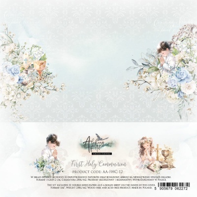 Embalagem para produto de Primeira Comunhão com ilustrações delicadas e texto informativo