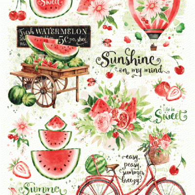 Ilustrações coloridas de frutas, bicicleta e balão com textos em inglês
