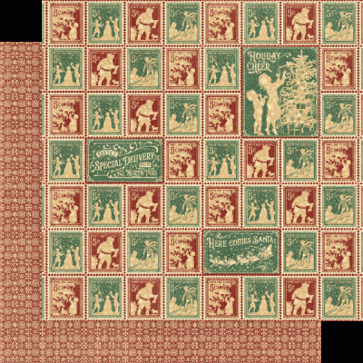 Folha de papel decorativo vintage com estampas de selos natalícios verde e vermelho