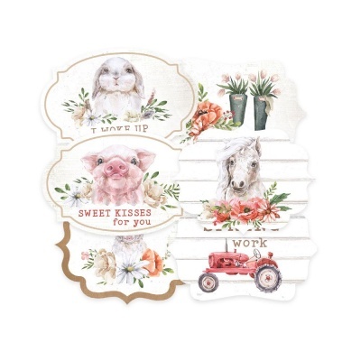 Etiquetas decorativas com animais, flores e texto em inglês