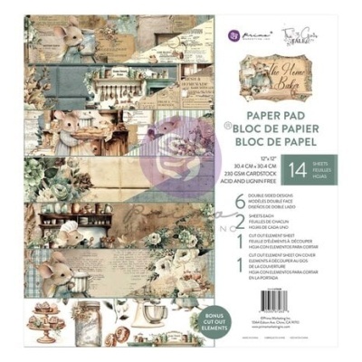 Bloco de papel decorativo com estampas de coelhos, flores e cozinha em tons pastel.