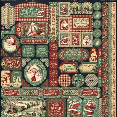 Folha de papel decorativo com etiquetas e padrões de Natal em verde, vermelho e bege com imagens e textos natalícios