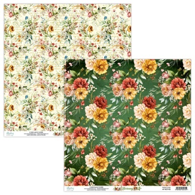 Papel decorativo floral com dois padrões, um verde com flores coloridas e outro branco com flores multicoloridas.