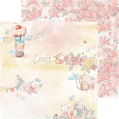 Papel decorativo com padrões florais e ilustrações de animais fofos em cores pastel