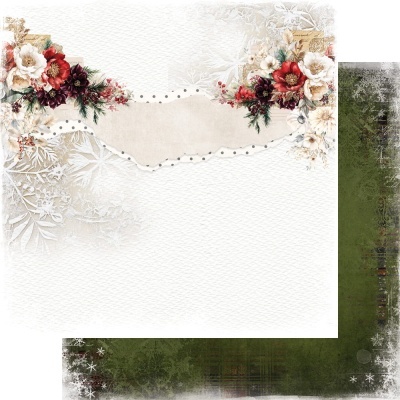 Papel decorativo com flores vermelhas e brancas e textura de flocos de neve