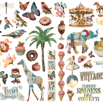 Coleção de ilustrações vintage coloridas com flores, animais, doces e objetos decorativos