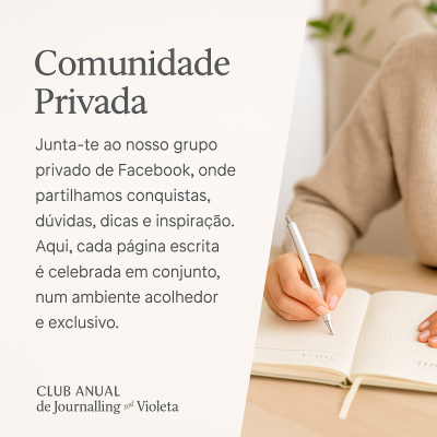 Pessoa escrevendo num caderno, texto promocional em português para clube anual de journalling