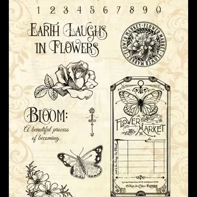 Conjunto de carimbos com desenhos de flores, borboletas e texto em inglês num fundo bege com padrão floral