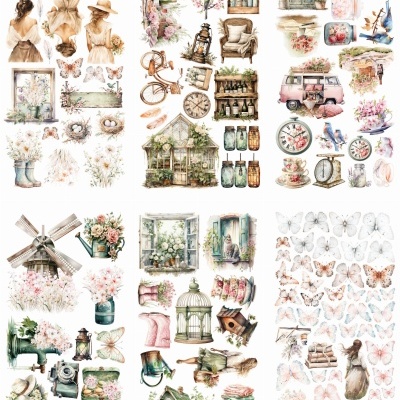 Ilustrações aquarela de elementos vintage como casas de passarinho, flores, borboletas, relógios e objetos antigos em tons suaves.