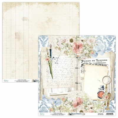 Papel decorativo vintage com flores, escrita, notas musicais e elementos antigos em tons pastel e azul.