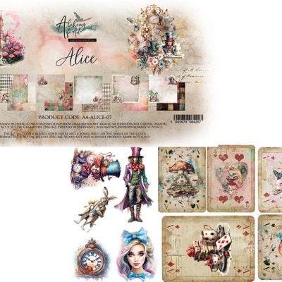 Kit de papel decorativo Alice com cartas ilustradas e personagens em tons pastel