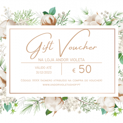Voucher de presente com decoração floral natural e texto em castanho claro
