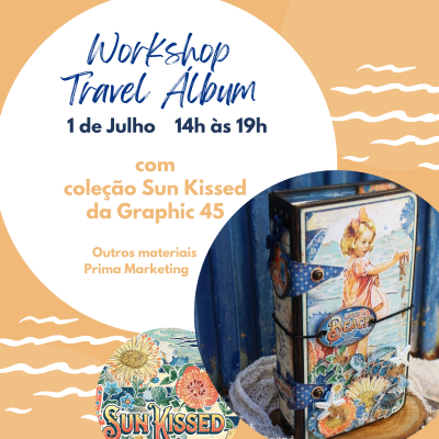 Cartaz de workshop com imagem de álbum decorado e texto sobre o evento
