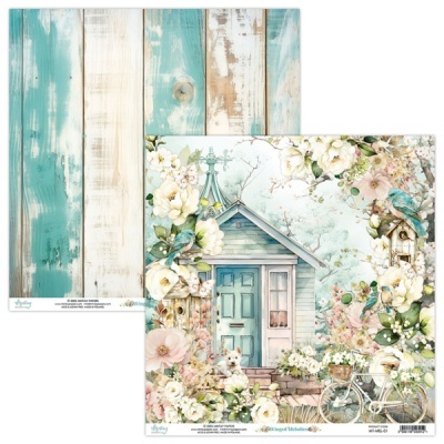 Papéis decorativos para scrapbooking com padrão de madeira e casa azul floral