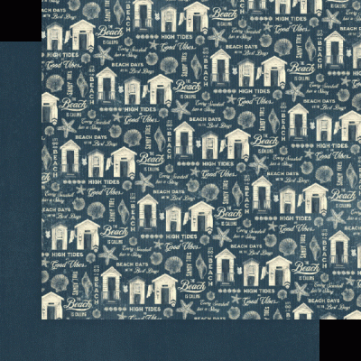 Tecido azul escuro com padrões brancos de temas marítimos, incluindo casas de praia, faróis, âncoras e textos náuticos.