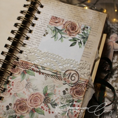 Caderno espiral decorado com flores e renda, etiqueta 16