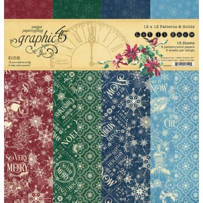 Papéis para scrapbooking Graphic 45 LET IT SNOW com padrões natalícios em vermelho, verde, azul escuro e azul claro.