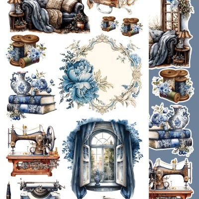 Composição vintage com janelas, rádio, máquina de costura, máquina de escrever, livros, flores e rolos de linha