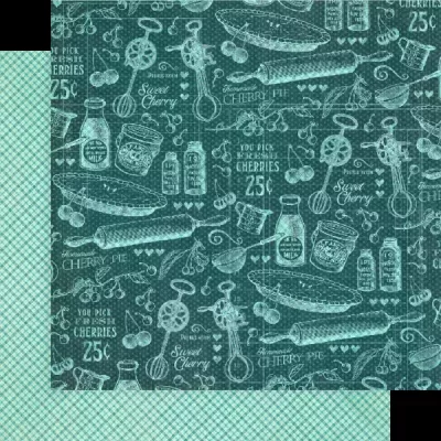 Papel de parede ou tecido azul com padrão culinário e textos em inglês.