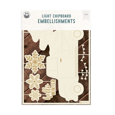 Decorações em chipboard claro com flocos de neve, carro e texto hello WINTER